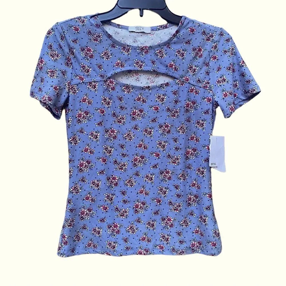 Suzy Shier Blue Floral Top Sz XS NWT
